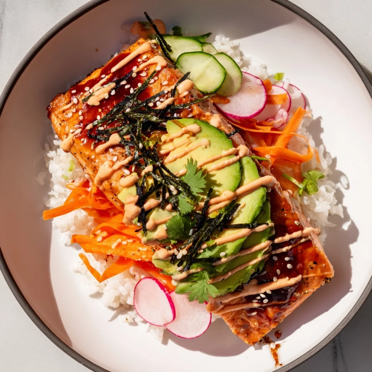 Teriyaki salmon rice taco bowls feature glossy salmon, fluffy rice, crisp veggies, and drizzles of spicy sriracha mayo.