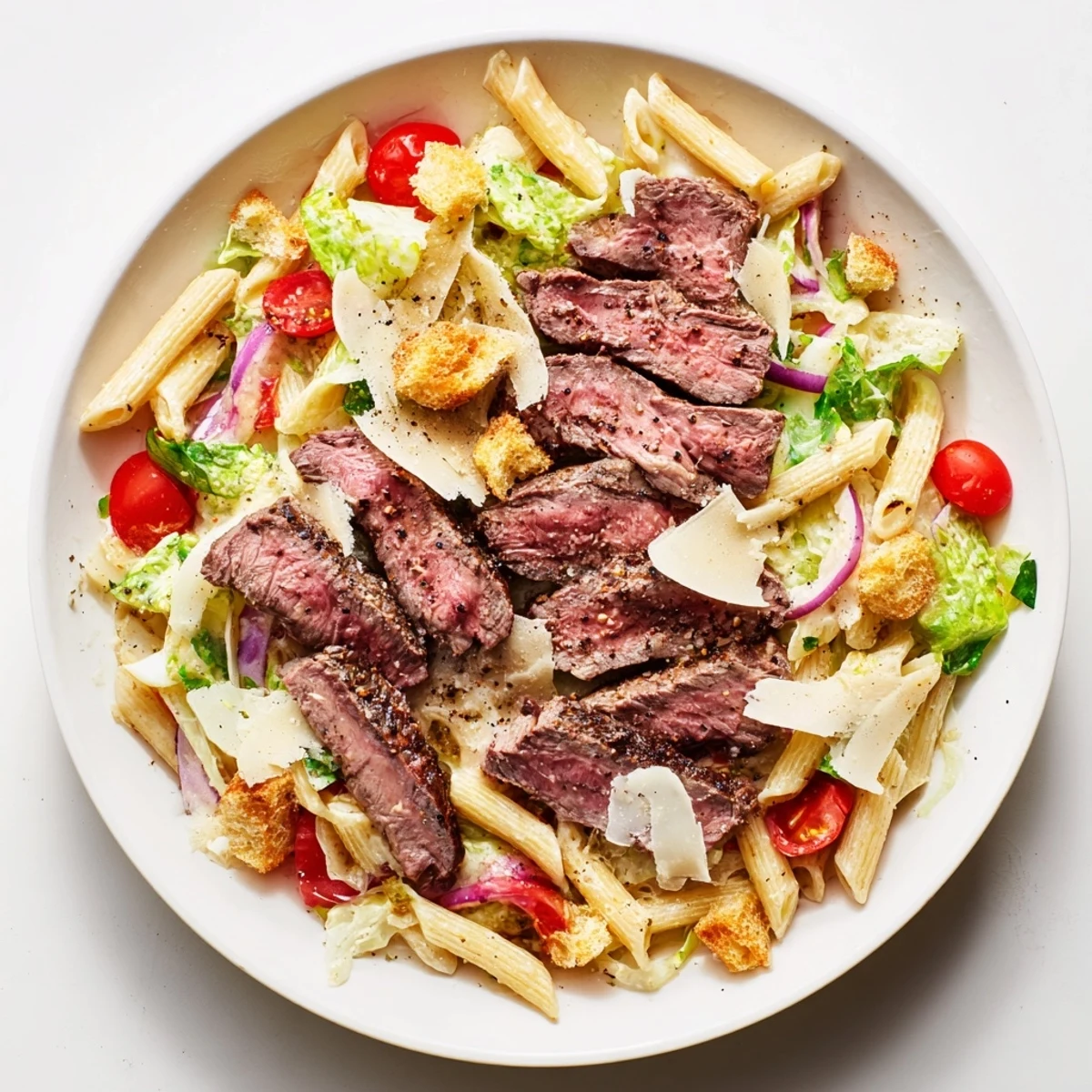 Savor the Flavorful Steak Caesar Pasta Salad with creamy dressing, croutons, and shaved Parmesan, served on a chilled platter.