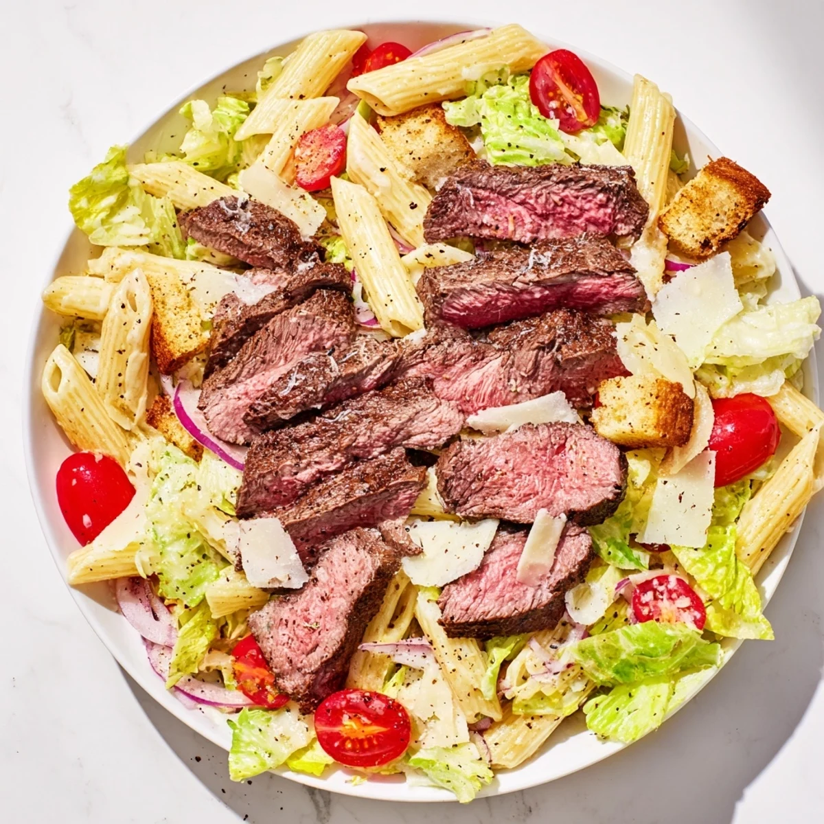 A vibrant bowl of Flavorful Steak Caesar Pasta Salad, featuring juicy grilled steak slices atop crisp romaine and penne.