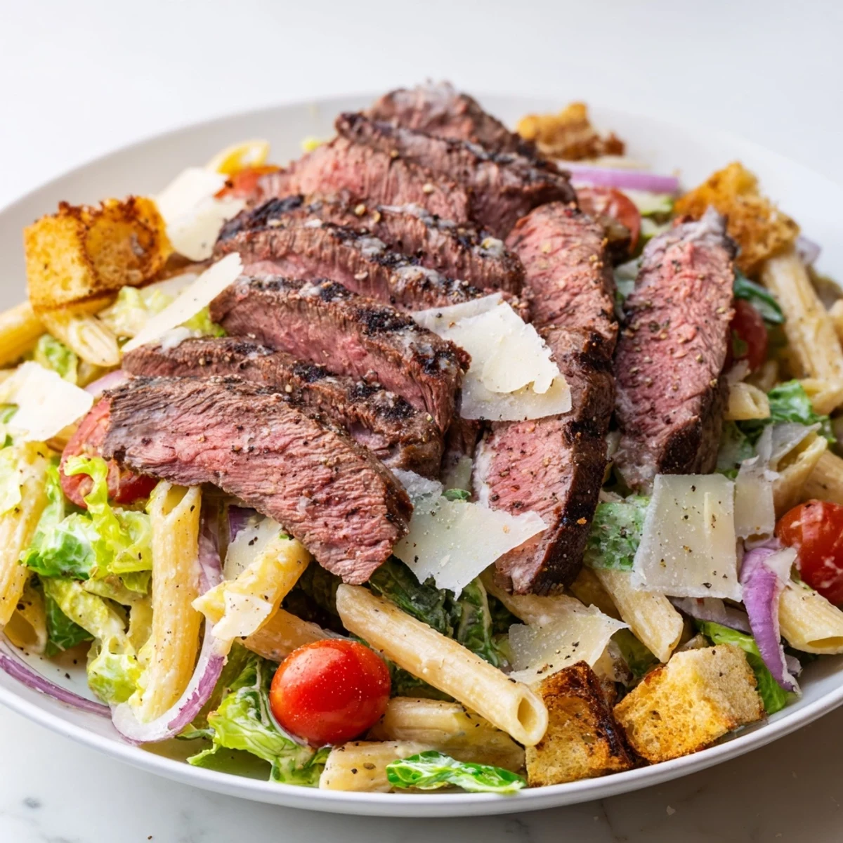 Hearty Flavorful Steak Caesar Pasta Salad for lunch, mixing tender steak, al dente pasta, tomatoes, and a zesty Caesar drizzle.