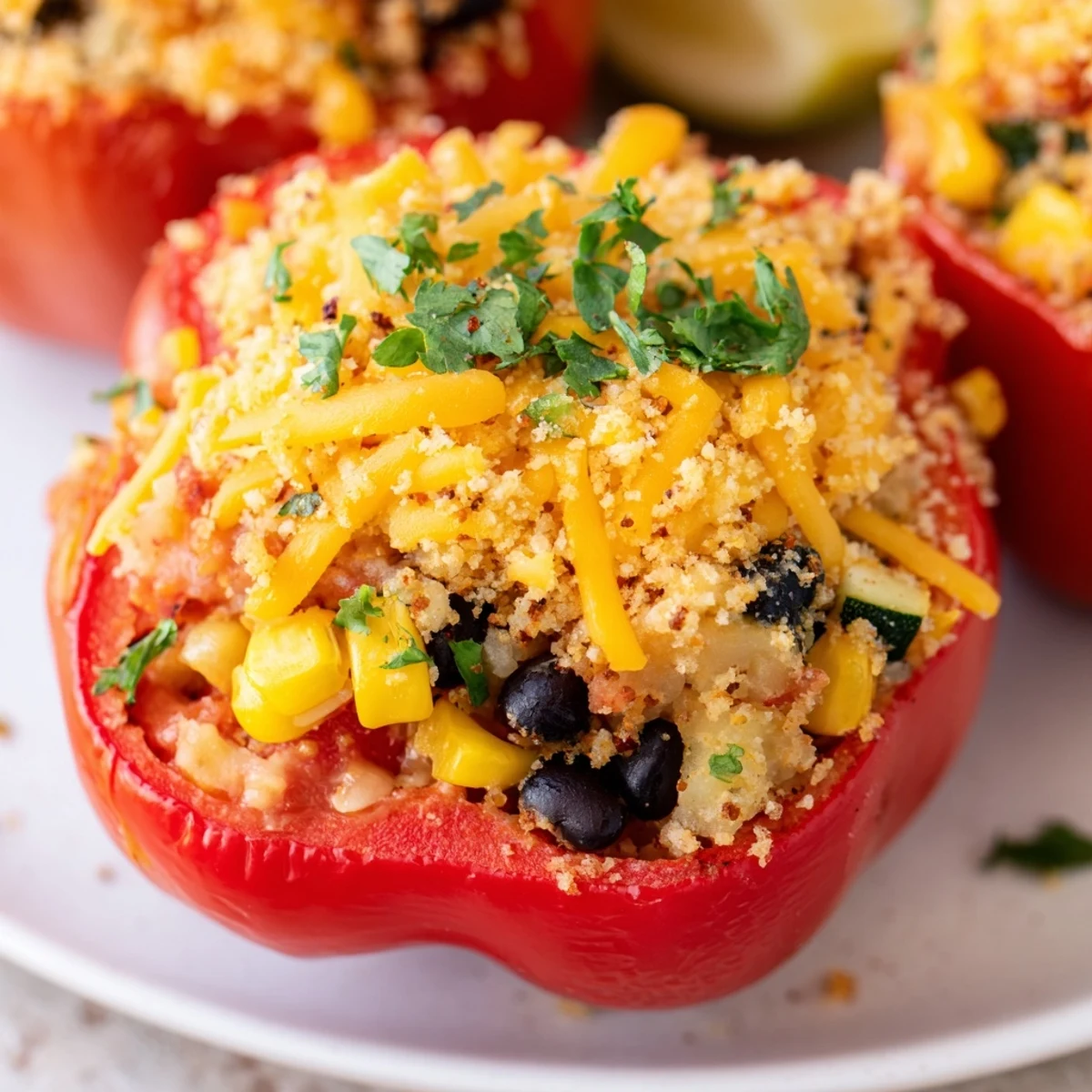 Golden-brown Cajun Potato Stuffed Bell Peppers fresh from the oven, showing vibrant red and green peppers stuffed with a chunky, seasoned potato filling.