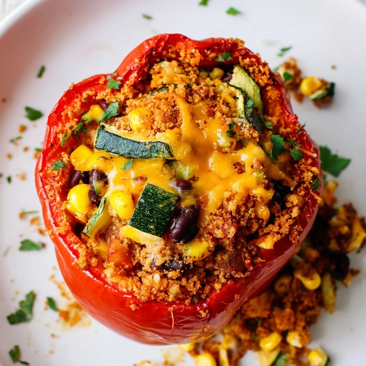A close-up view reveals the steam rising from Cajun Potato Stuffed Bell Peppers, highlighting the melted cheddar cheese and golden breadcrumbs on top.