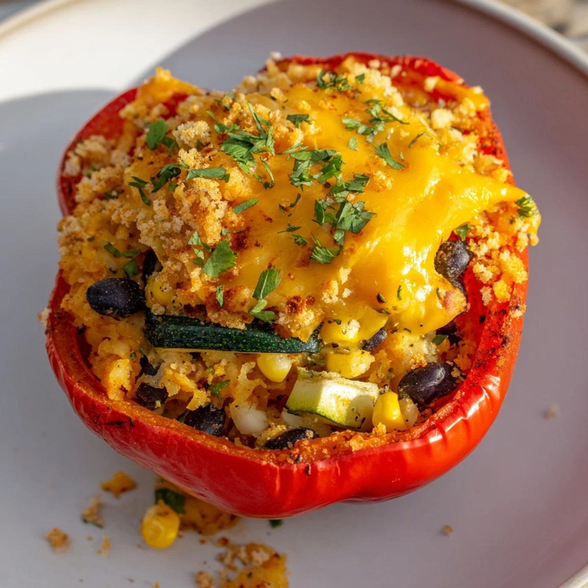 In this overhead shot, Cajun Potato Stuffed Bell Peppers are served on a rustic wooden table with a side of creamy green avocado slices.