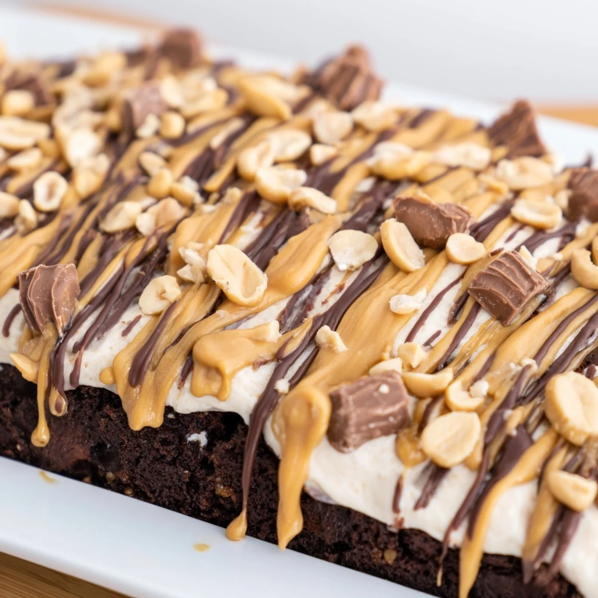 A slice of Chocolate Peanut Butter Poke Cake with whipped cream topping and chocolate drizzle on a white plate.