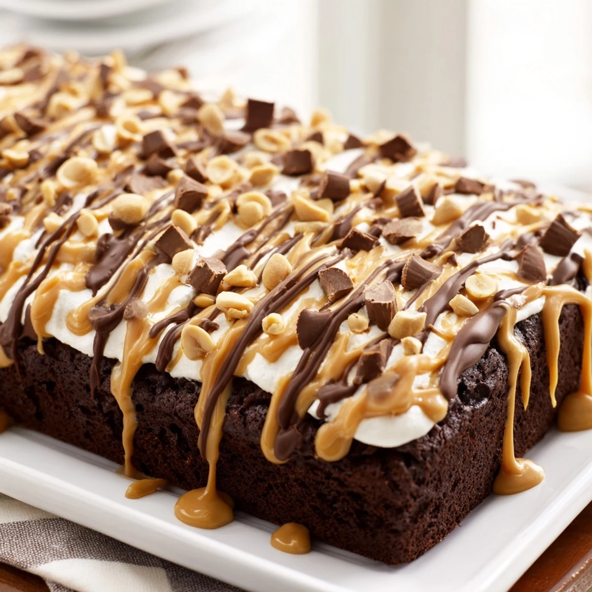 The moist Chocolate Peanut Butter Poke Cake reveals peanut butter pudding filling and chopped peanuts garnish.