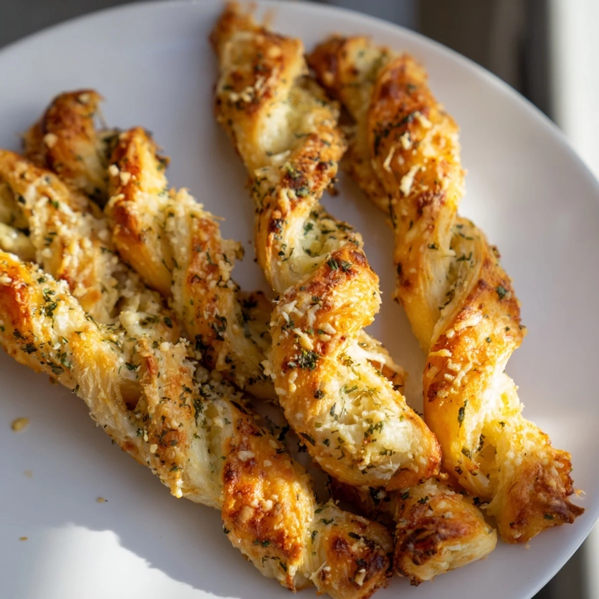 Close-up of Crispy Air Fryer Pizza Cheese Bread Twists showing twisted dough with pizza sauce and herbs, perfect party appetizer.