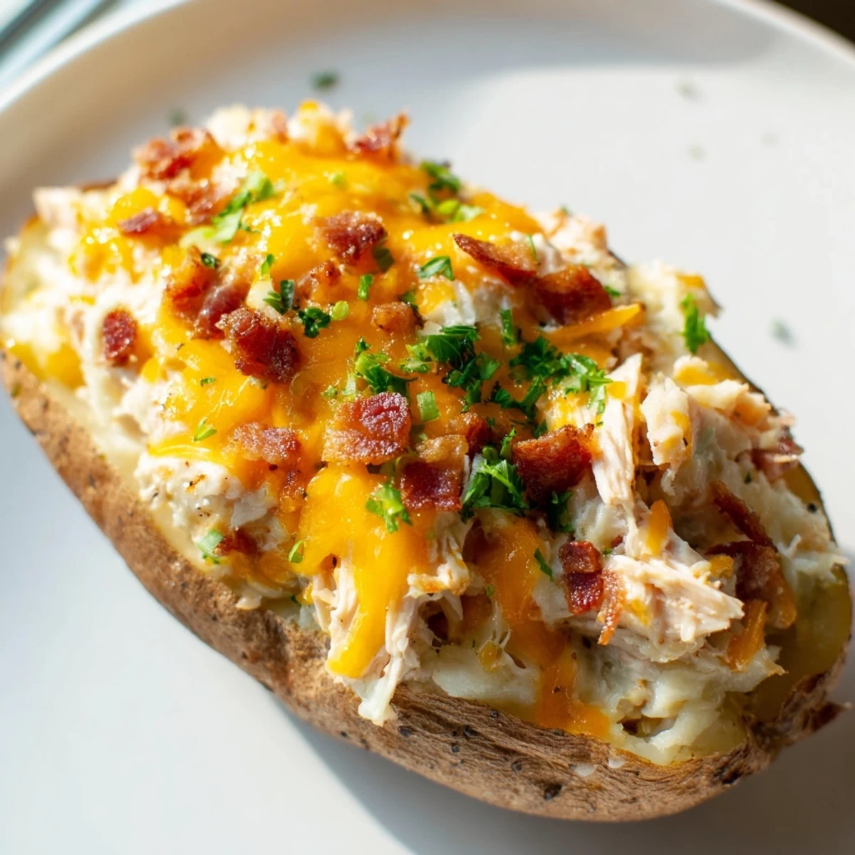 Perfectly baked Mud Chicken Stuffed Twice Baked Potatoes with Savory Filling, served hot as a hearty main dish.  