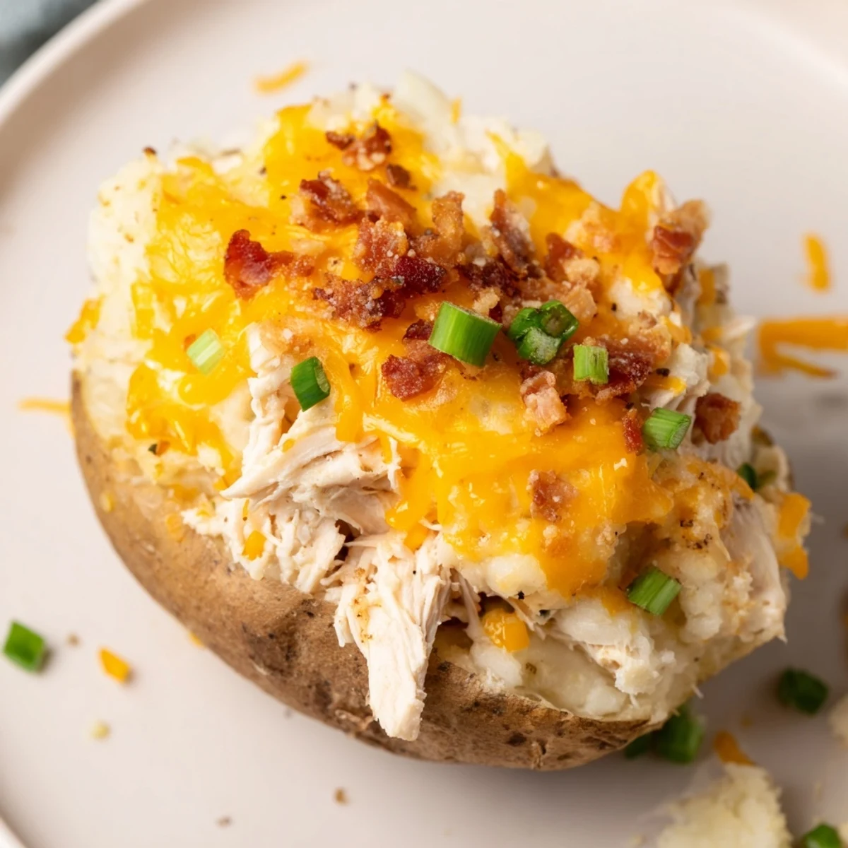 Golden-brown russet potato halves filled with creamy mashed potato and tender shredded chicken, topped with melted cheddar and fresh parsley.  