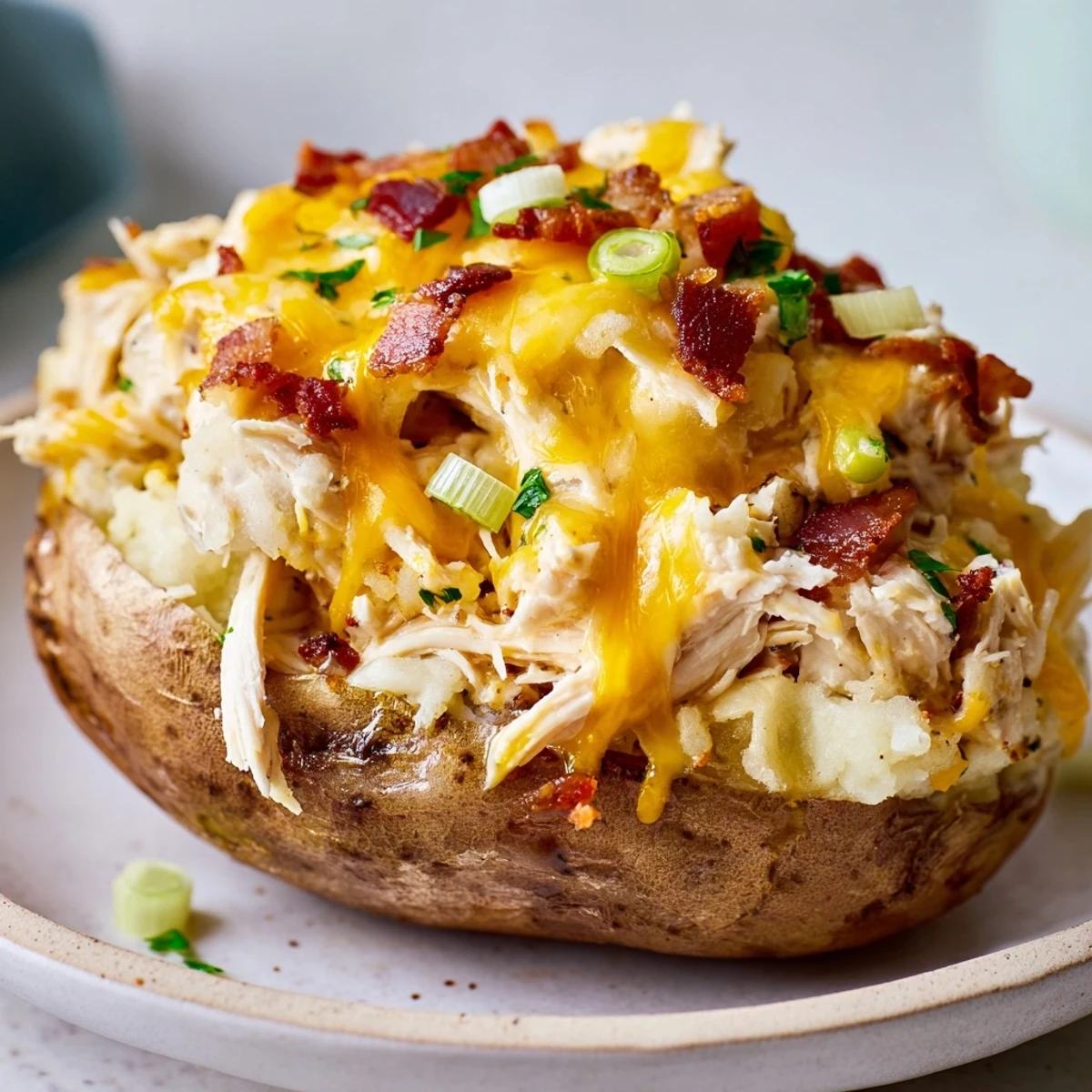 Gluten-free Mud Chicken Stuffed Twice Baked Potatoes with Savory Filling featuring a cheesy, savory chicken and potato filling.