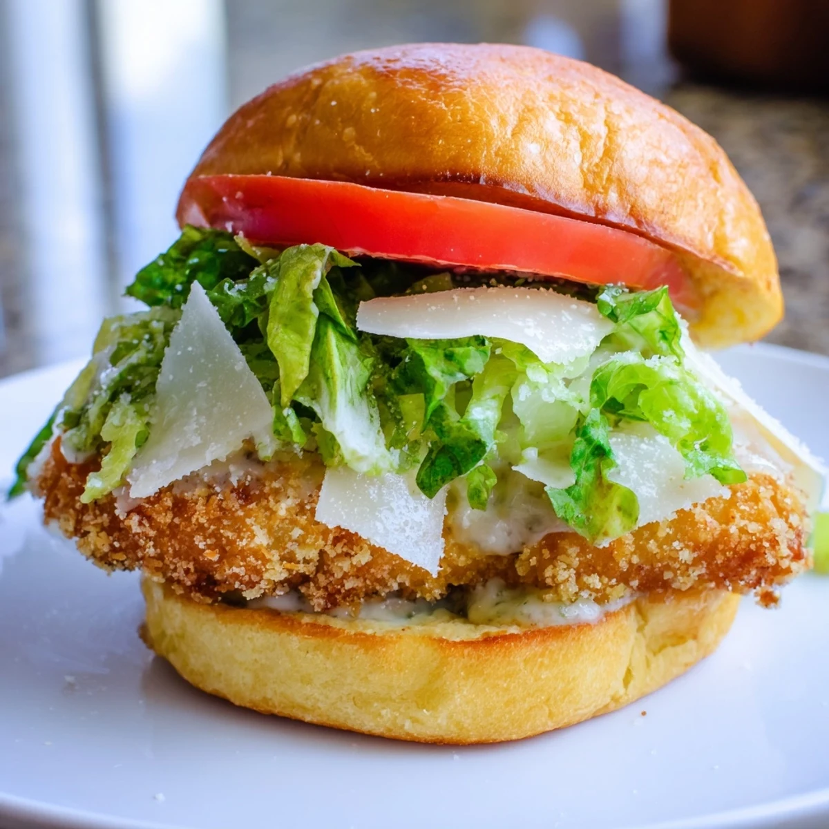 Marry Me Crispy Chicken Caesar Sandwich served on a wooden board with a side of pickles, showcasing a delicious lunch.