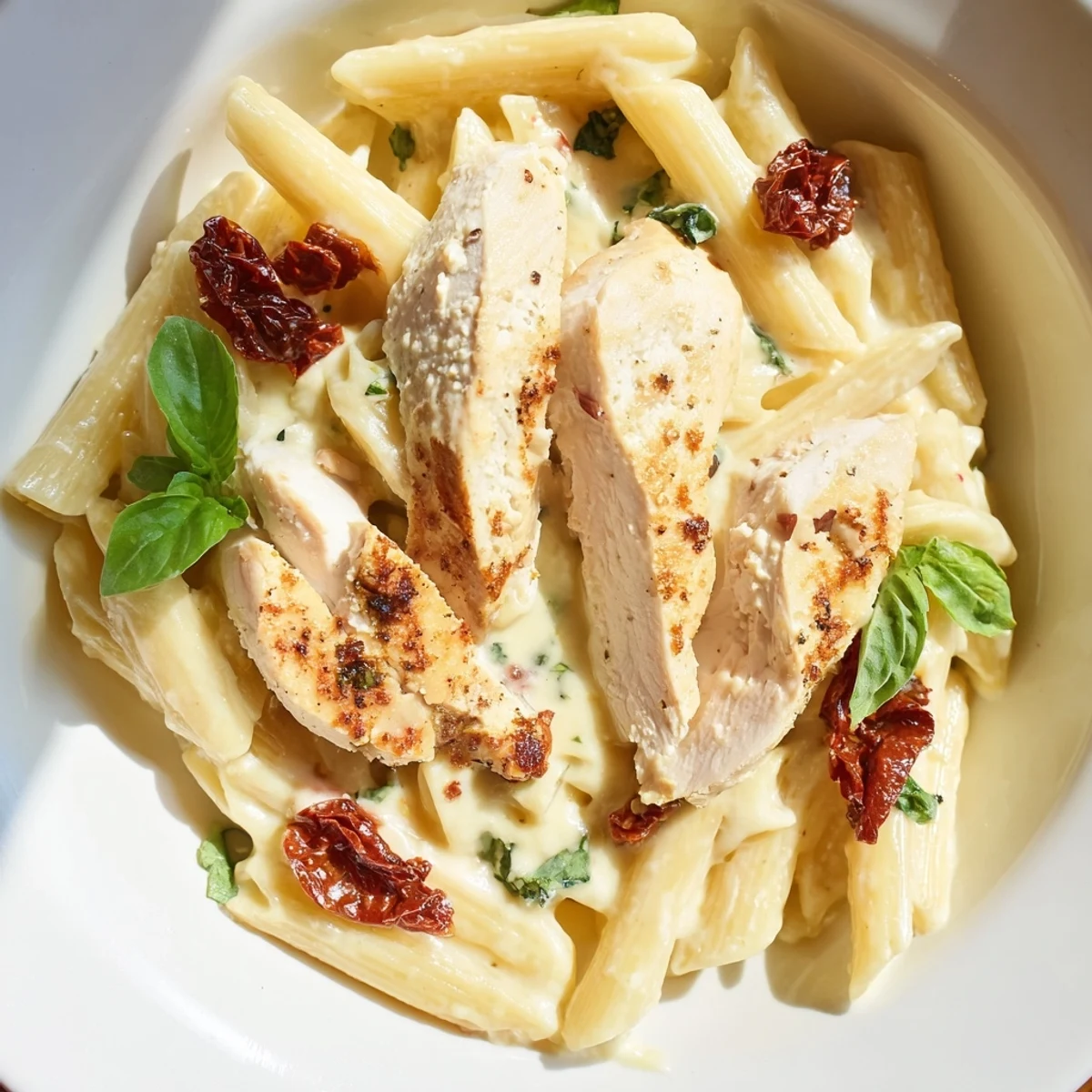 Freshly cooked Marry Me Garlic Parmesan Chicken Pasta with creamy sauce and juicy sliced chicken on a plate.