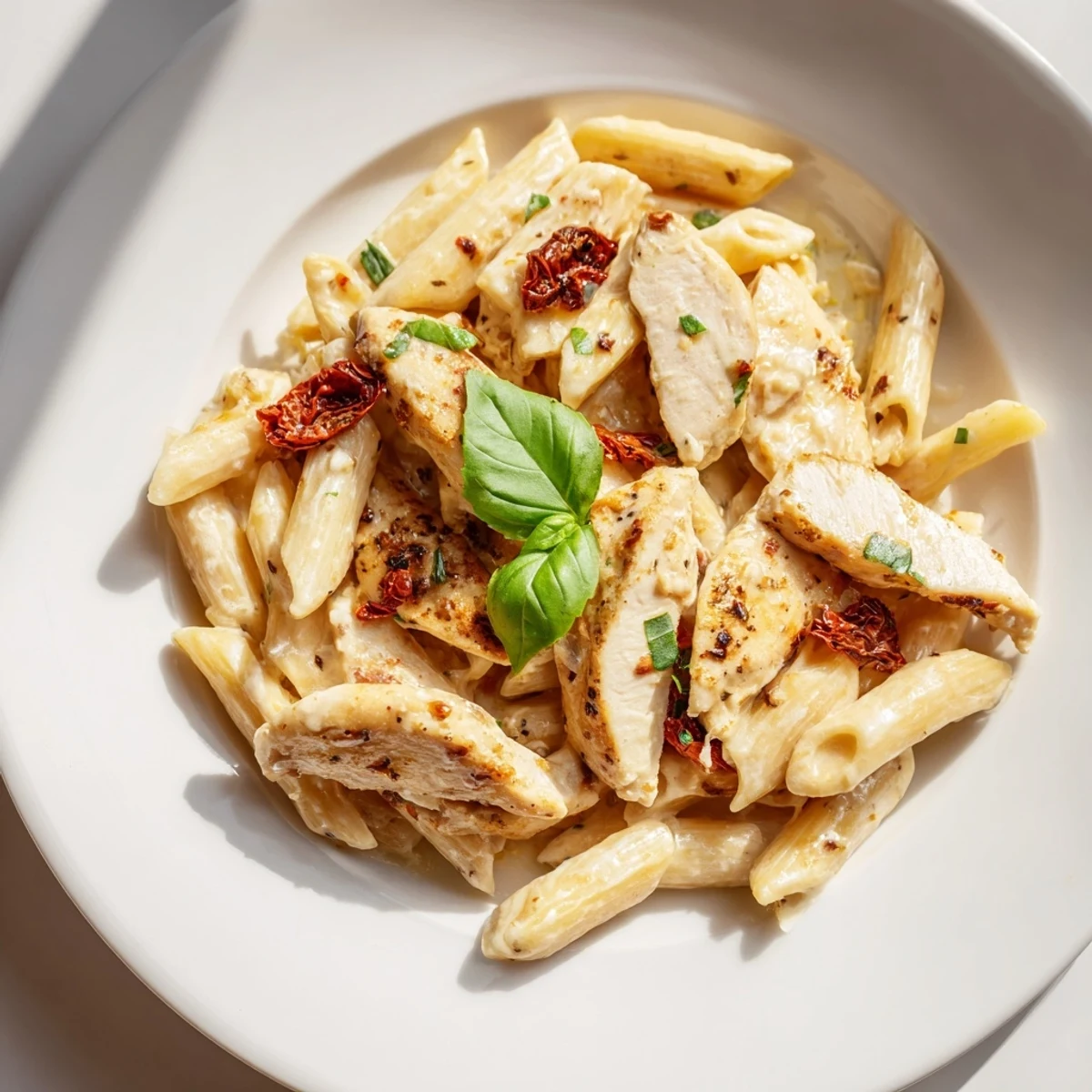 Bright bowl of Marry Me Garlic Parmesan Chicken Pasta featuring sun-dried tomatoes and fresh basil garnish.