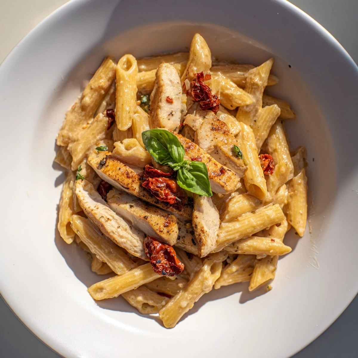 A serving of Marry Me Garlic Parmesan Chicken Pasta with steam rising beside a glass of white wine.