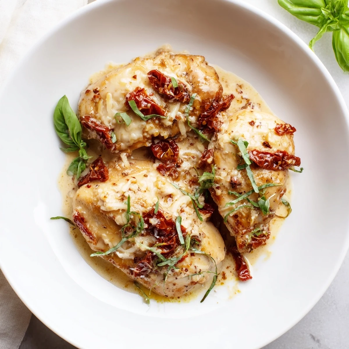 In this close-up photo, Marry Me One Pan Chicken rests in a creamy sun-dried tomato sauce, garnished with fresh basil leaves.