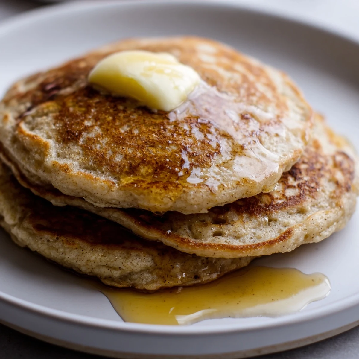 Golden-brown Sourdough Discard Pancakes stacked high on a plate, drizzled with warm maple syrup and topped with fresh berries.