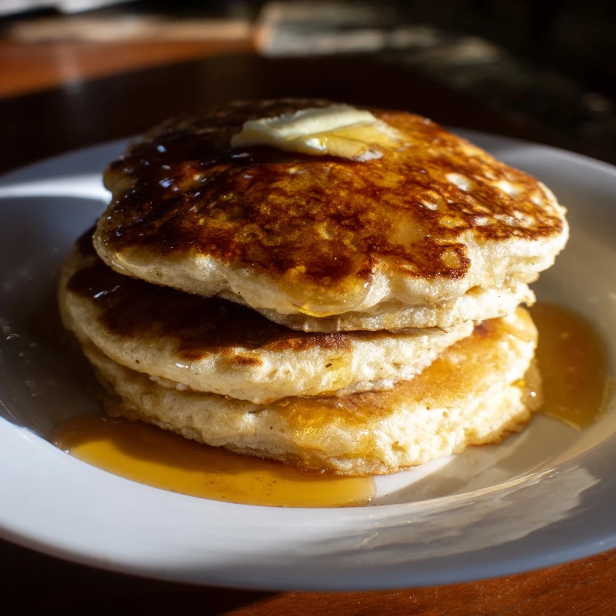 A close-up view of fluffy Sourdough Discard Pancakes served with butter and a side of fresh blueberries on a rustic table.