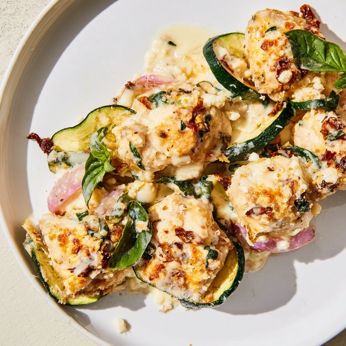 A close-up of the Marry Me Mediterranean Chicken Zucchini Bake in a white dish, garnished with fresh basil, with sun-dried tomatoes and melted cheese visible.
