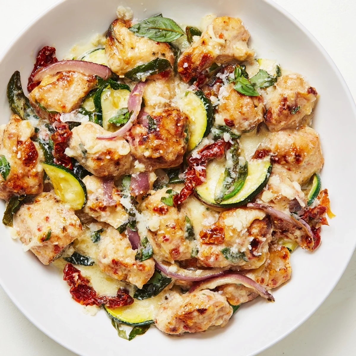 Tender chicken pieces and zucchini slices in a creamy, cheesy sauce from the Marry Me Mediterranean Chicken Zucchini Bake, baked to golden perfection.