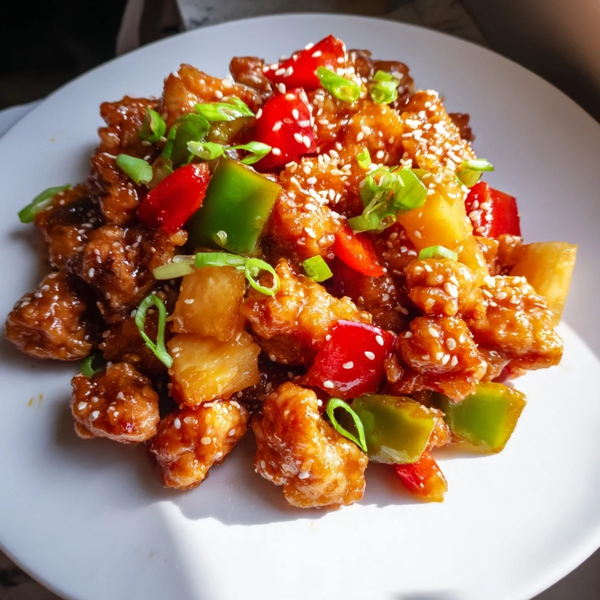 Golden-brown chicken pieces simmering in a glossy sweet and tangy pineapple sauce inside a Crockpot.