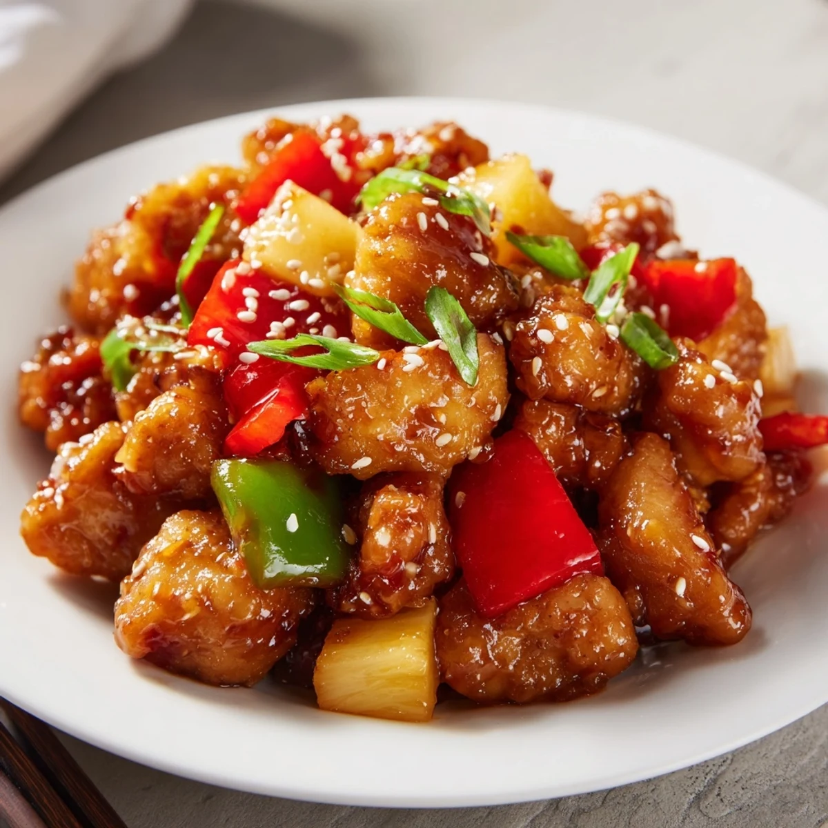 Tender slow-cooked Sweet Hawaiian Crockpot Chicken garnished with fresh green onions and toasted sesame seeds.