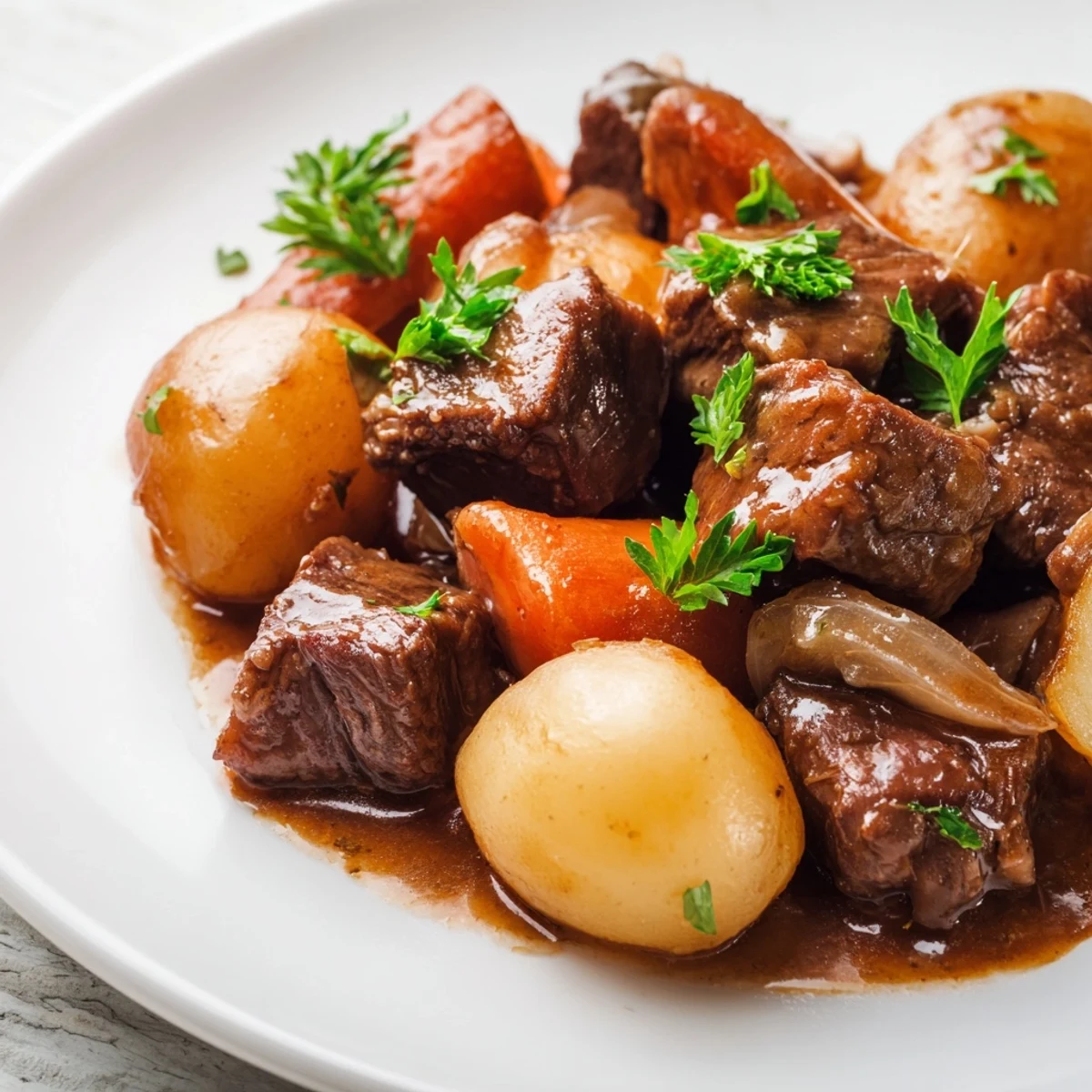 The slow cooker pot reveals tender Slow Cooker Garlic Butter Beef, caramelized onions, and soft baby potatoes swimming in a savory, herby sauce ready to serve warm with crusty bread.