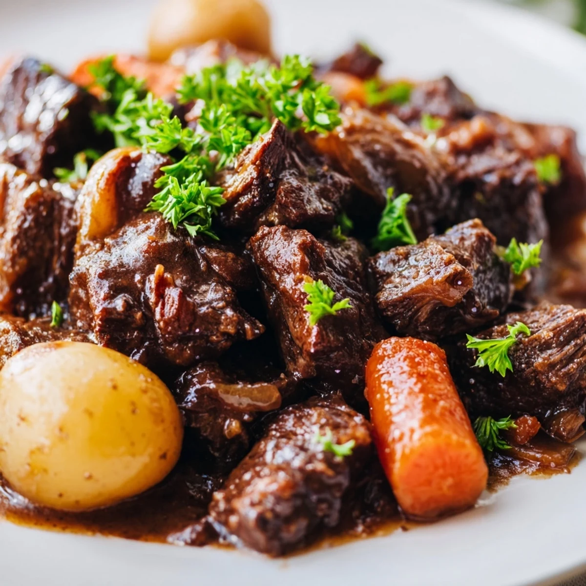 Overhead view of Slow Cooker Garlic Butter Beef with potatoes and carrots, showing rich, glossy sauce and thyme garnish, evoking a cozy, weeknight American dinner for six.