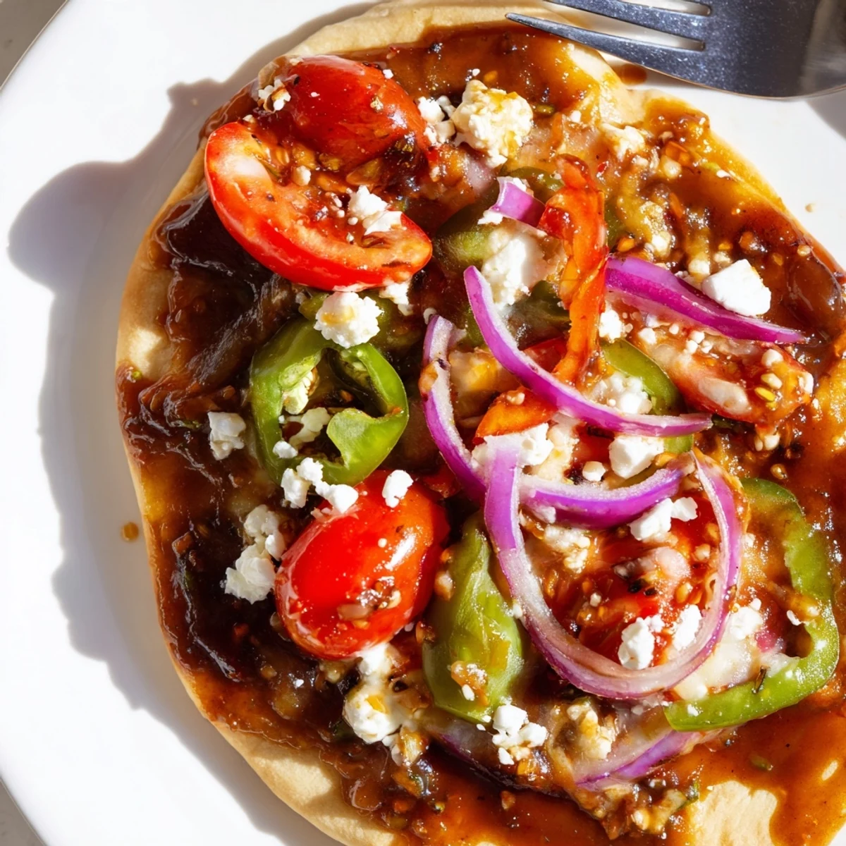 Golden-brown Sweet Heat Honey Garlic Flatbread Pizza fresh from the oven, topped with melted mozzarella, feta, jalapeños, and cherry tomatoes.