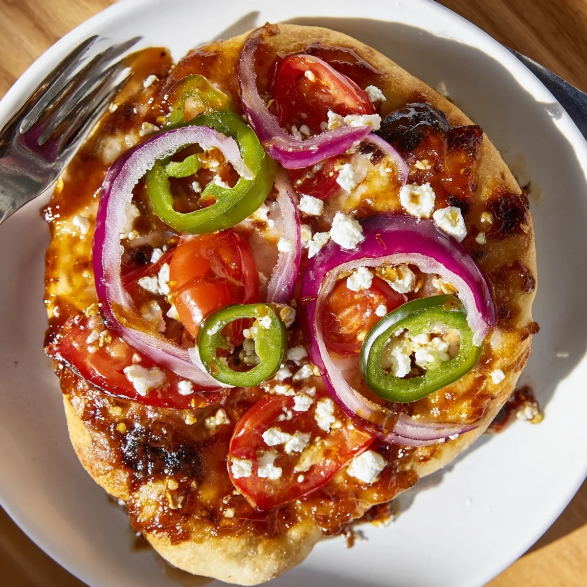 Sweet Heat Honey Garlic Flatbread Pizza sliced on a wooden board, drizzled with spicy-sweet sauce and garnished with fresh cilantro.