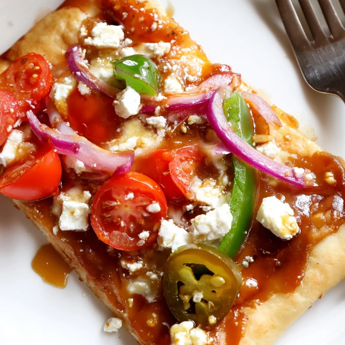 Close-up of a serving of Sweet Heat Honey Garlic Flatbread Pizza showing bubbly cheese, red onion, and bell peppers on naan.