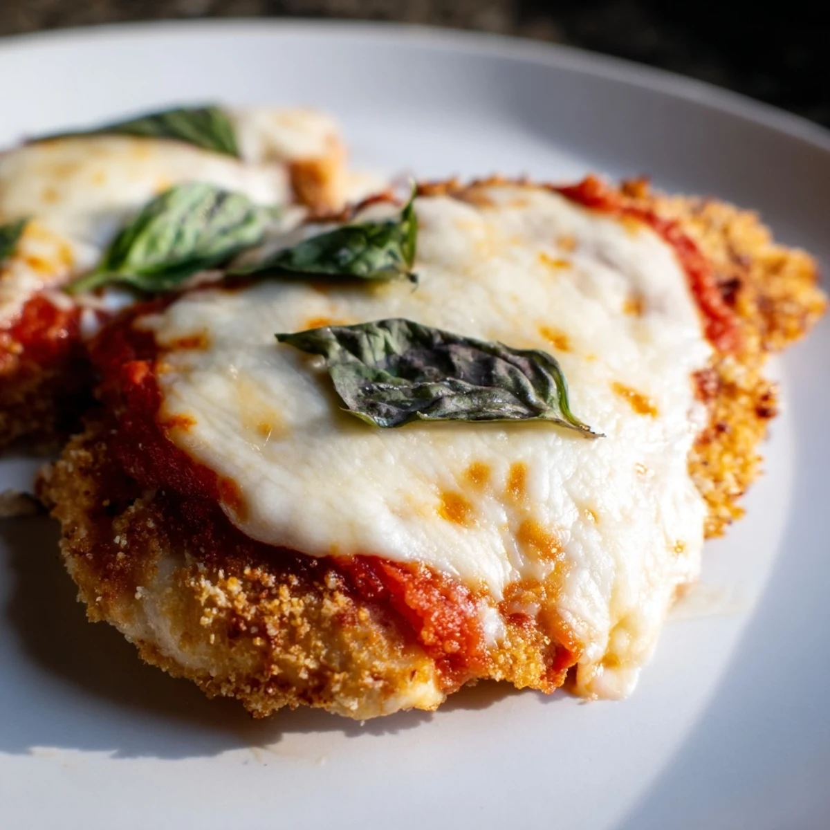 Crispy golden chicken breasts topped with marinara sauce and melted mozzarella on a plate.