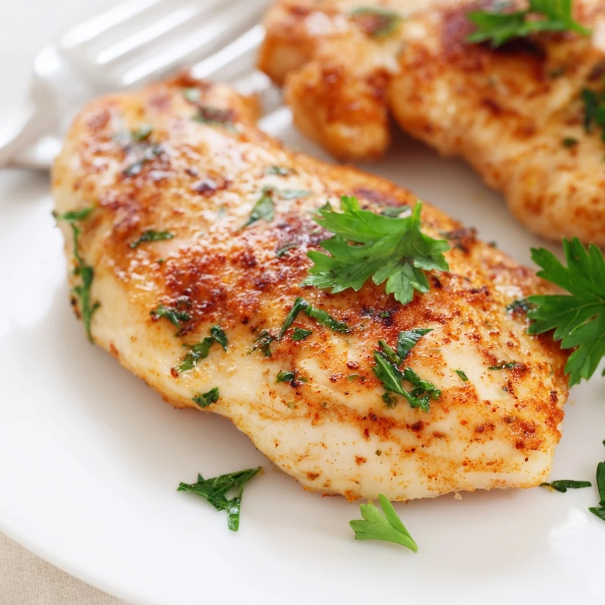 Oven Baked Chicken Breasts served on a plate with roasted vegetables for a complete, low-carb dinner.