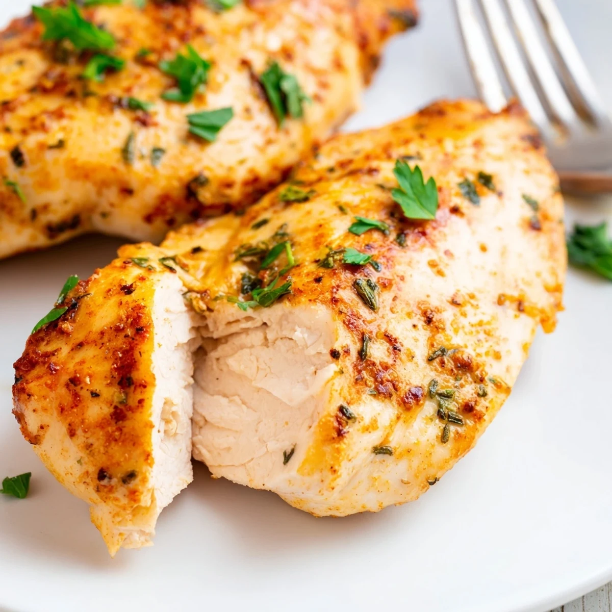 A close-up of juicy Oven Baked Chicken Breasts sliced to show tender, flavorful meat inside.