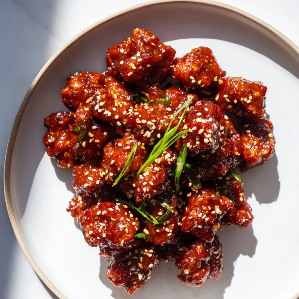 Slow-cooked Crock Pot Korean Beef cubes garnished with green onions and sesame seeds.