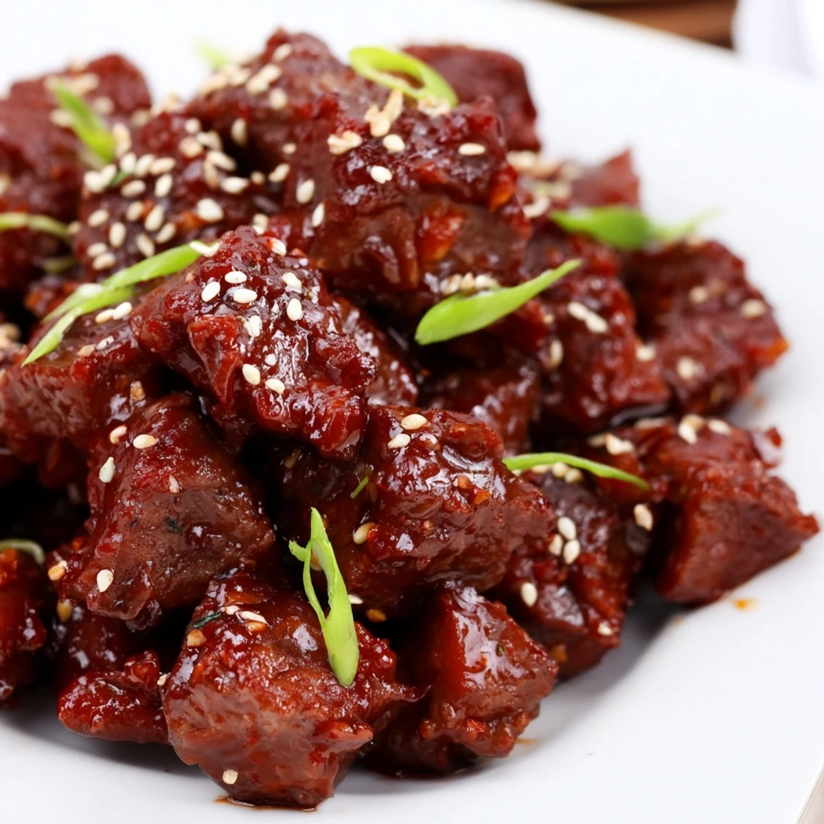 Spicy-sweet Crock Pot Korean Beef in a thick sauce, ready to enjoy with lettuce wraps.