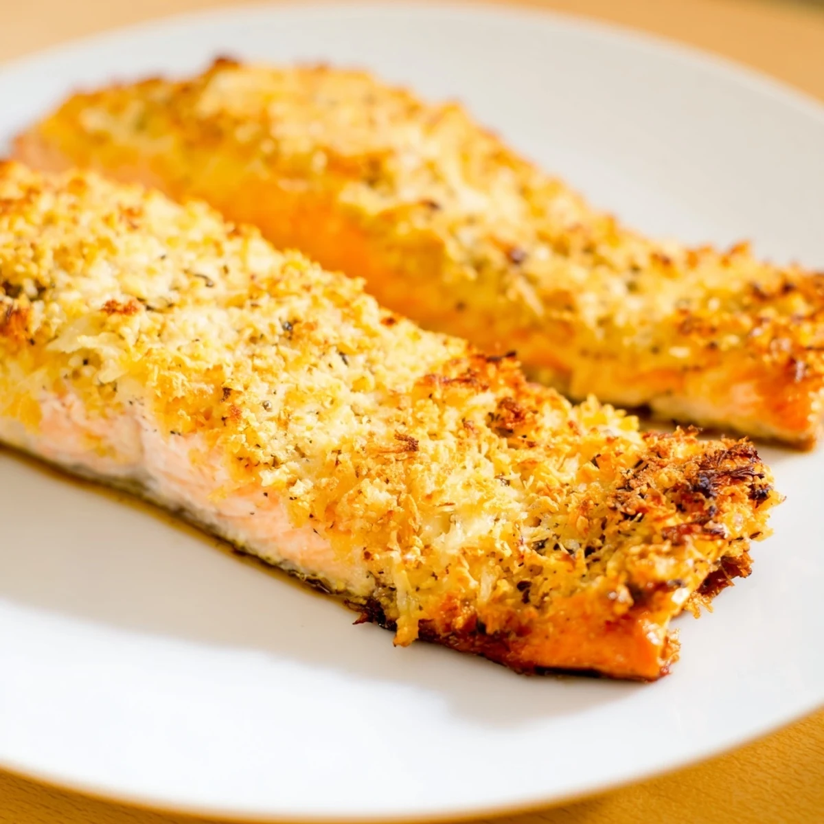 Golden-brown Crispy Parmesan Salmon Bake fillets on a baking sheet, garnished with fresh parsley and served with lemon wedges.
