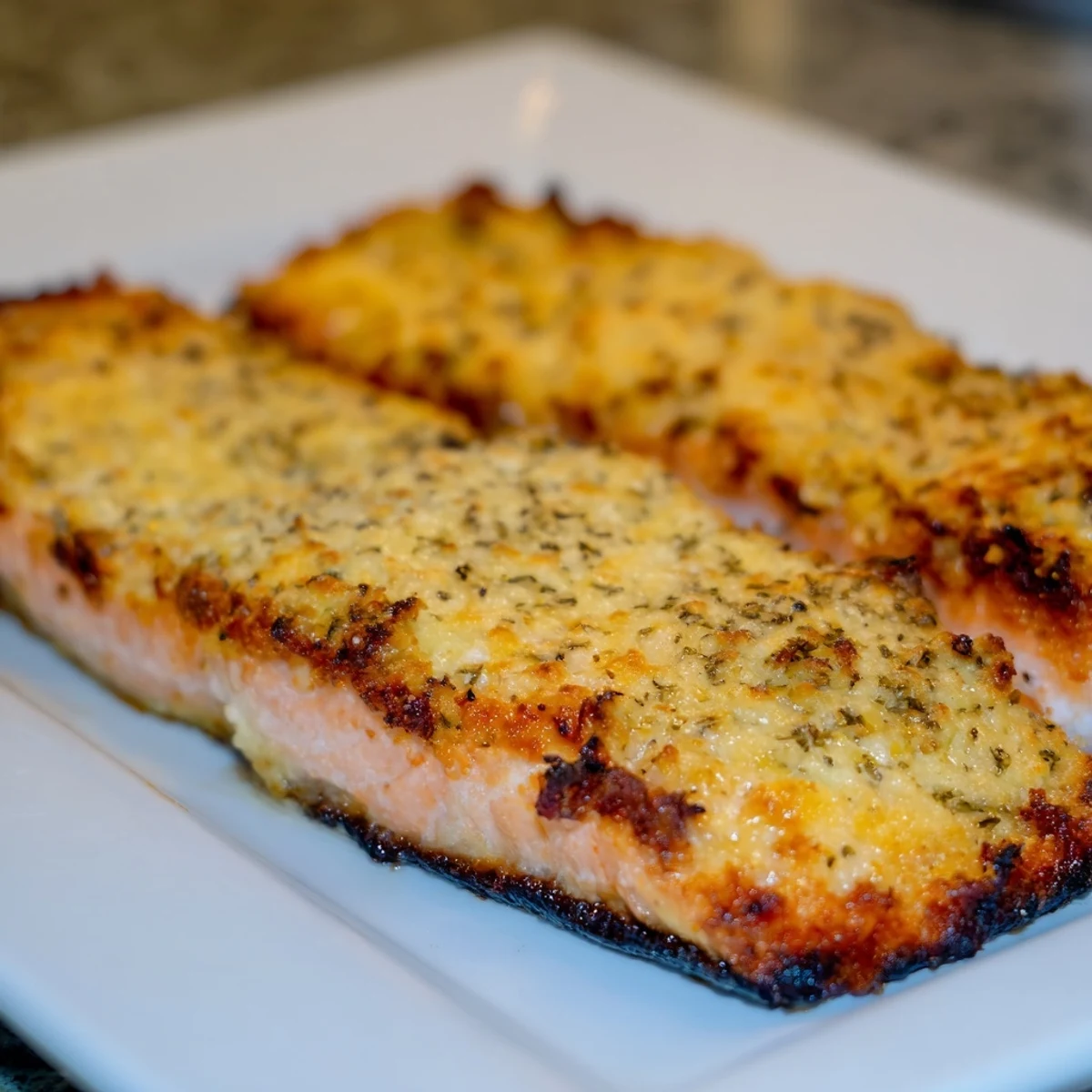 Close-up of baked Crispy Parmesan Salmon Bake revealing a crunchy golden crust over tender, flaky salmon on a white plate.
