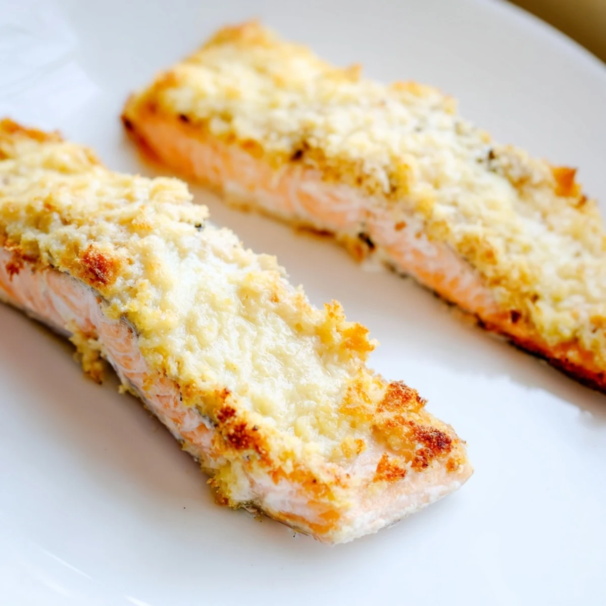 Weeknight dinner idea: Crispy Parmesan Salmon Bake paired with a crisp salad and steamed asparagus, ready to serve.