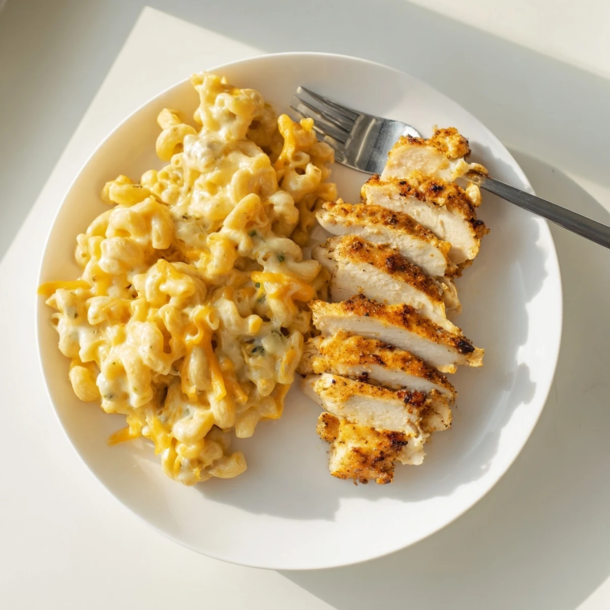 Family-style serving of the Sweet and Spicy Honey Pepper Chicken with Creamy Mac and Cheese, featuring juicy chicken and rich, creamy macaroni on a rustic table.