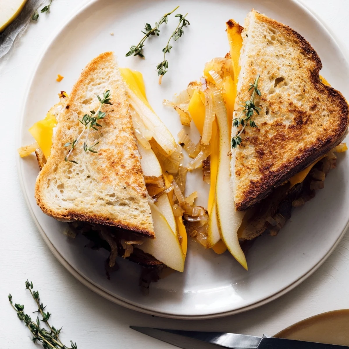 Close-up of a golden grilled cheese sandwich with melted cheddar, layered with thin pear and apple slices and rich caramelized onions on buttery sourdough bread.