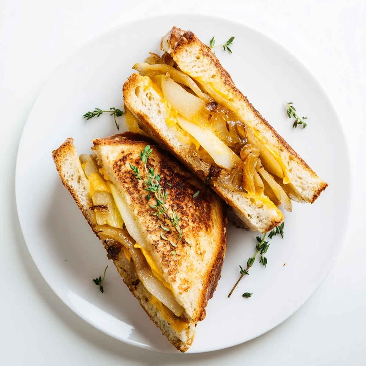 A gourmet Pear, Apple & Grilled Cheese with Caramelized Onions served warm beside a green salad, highlighting the crispy crust and savory onion topping.