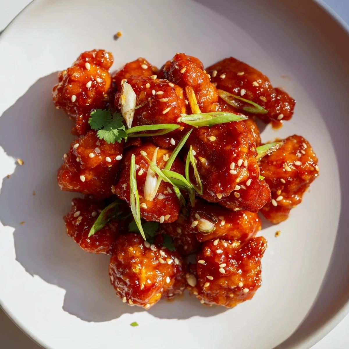 Golden glazed Sweet and Spicy Thai Chicken pieces glisten in a skillet, garnished with fresh cilantro and green onions.