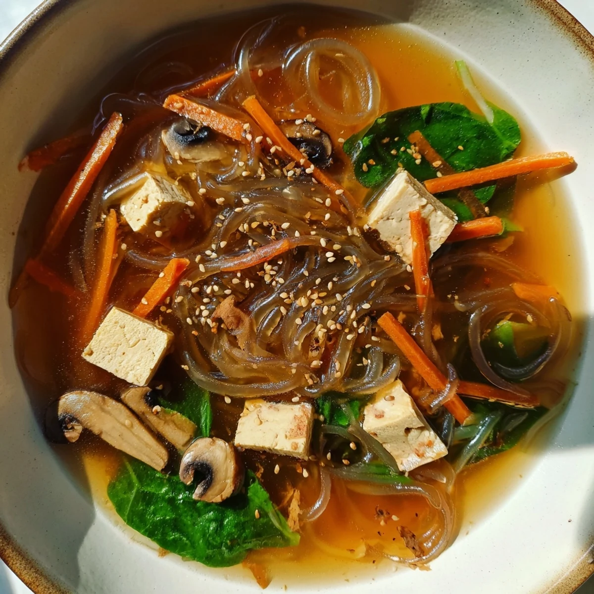 Close-up of Japanese Harusame Noodle Soup garnished with sesame seeds and spring onions, served alongside chopsticks on a wooden table for dinner.