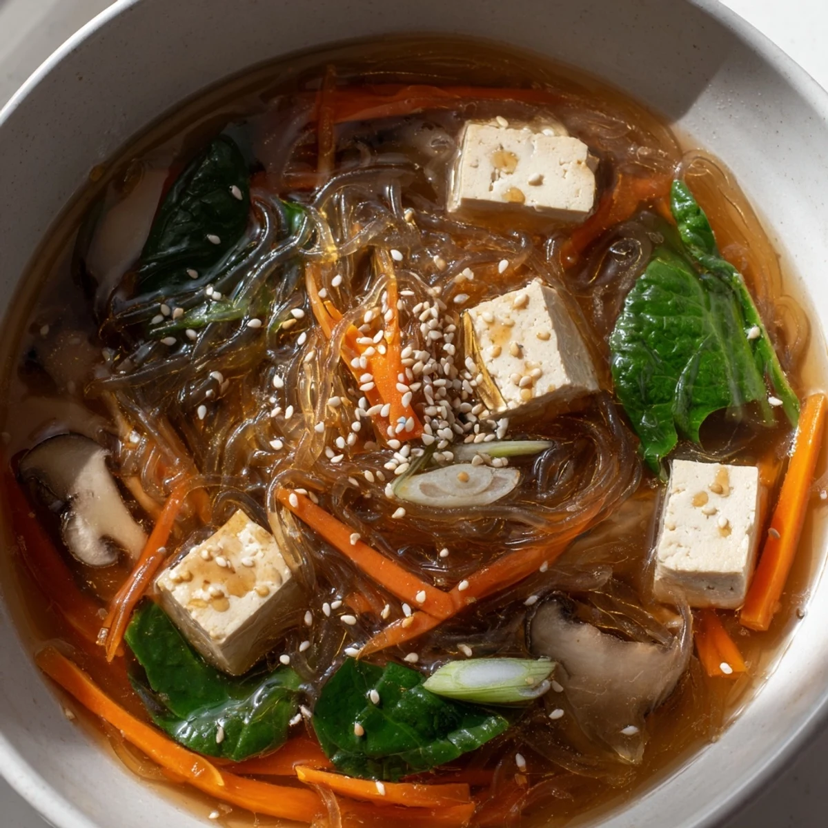 A ladle of Japanese Harusame Noodle Soup pouring savory broth over glass noodles, tofu, and vegetables in a cozy home kitchen setting.