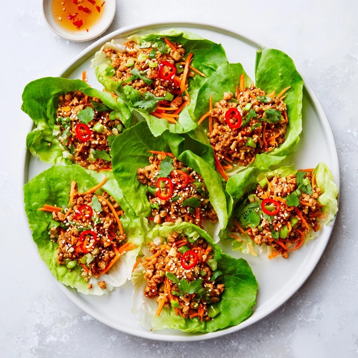 A close-up photo shows Potsticker Chicken Lettuce Boats with seasoned chicken filling and fresh cilantro garnish on crisp leaves.