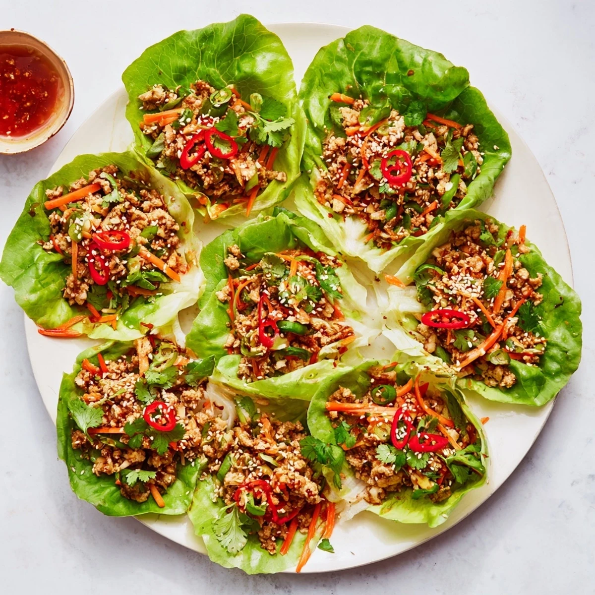 A serving plate displays Potsticker Chicken Lettuce Boats topped with sesame seeds, cilantro, and a small bowl of dipping sauce.