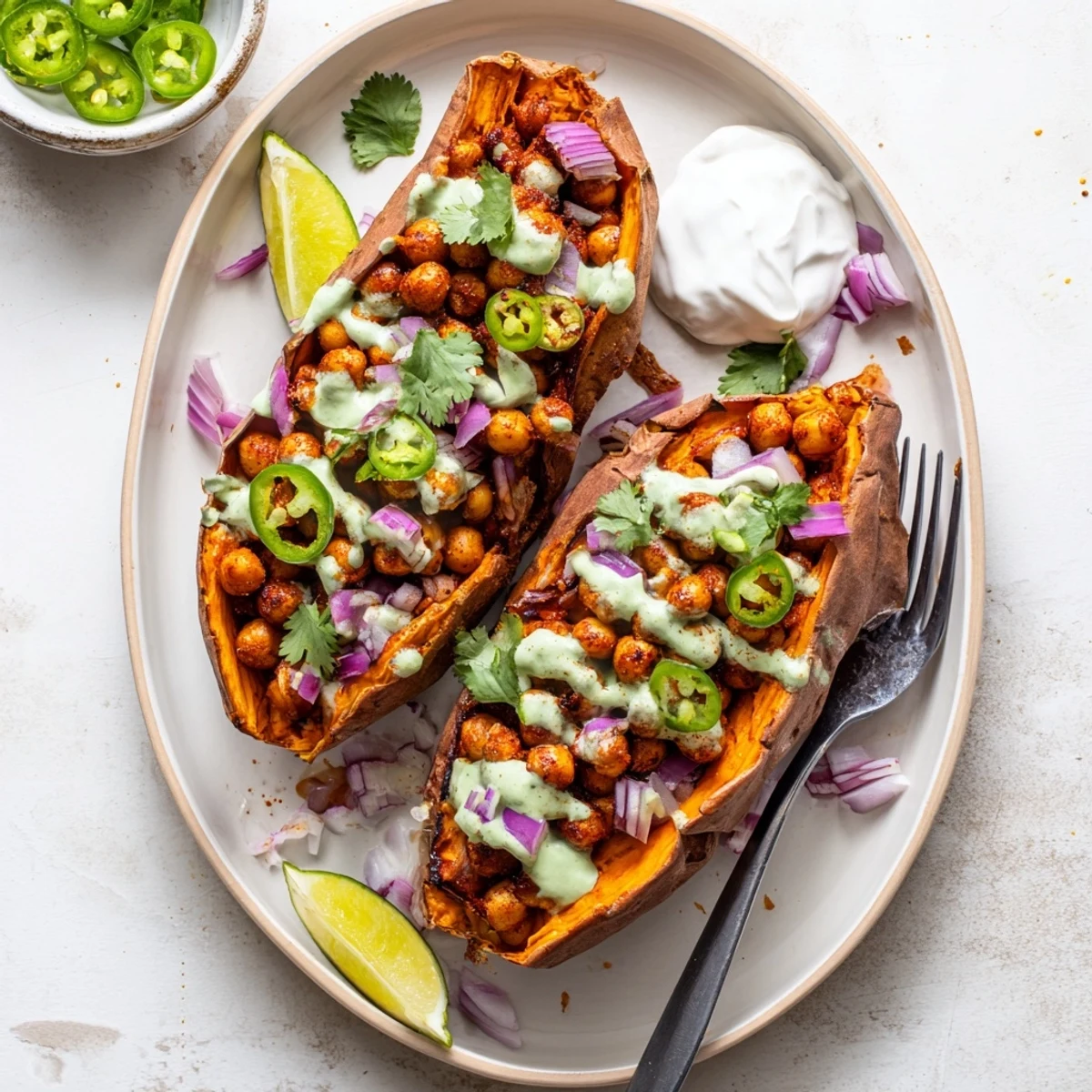 Perfectly roasted sweet potatoes are split open to reveal fluffy interiors, generously piled with smoky BBQ chickpeas for a hearty Vegan BBQ Chickpea Sweet Potatoes dinner.