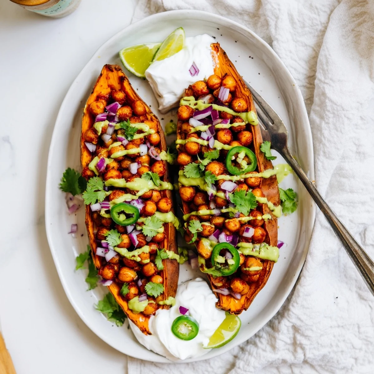 Topped with vibrant fresh cilantro and sliced jalapeños, this Vegan BBQ Chickpea Sweet Potatoes recipe invites you to enjoy the creamy avocado-lime drizzle over the warm roasted vegetables.