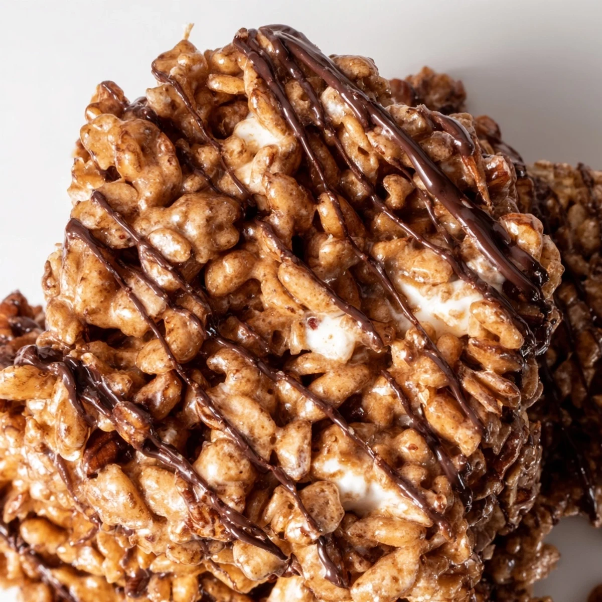 These No Bake Coffee Crunch Rice Krispie Cookies are stacked on a plate with a chocolate drizzle and a warm cup of coffee nearby.