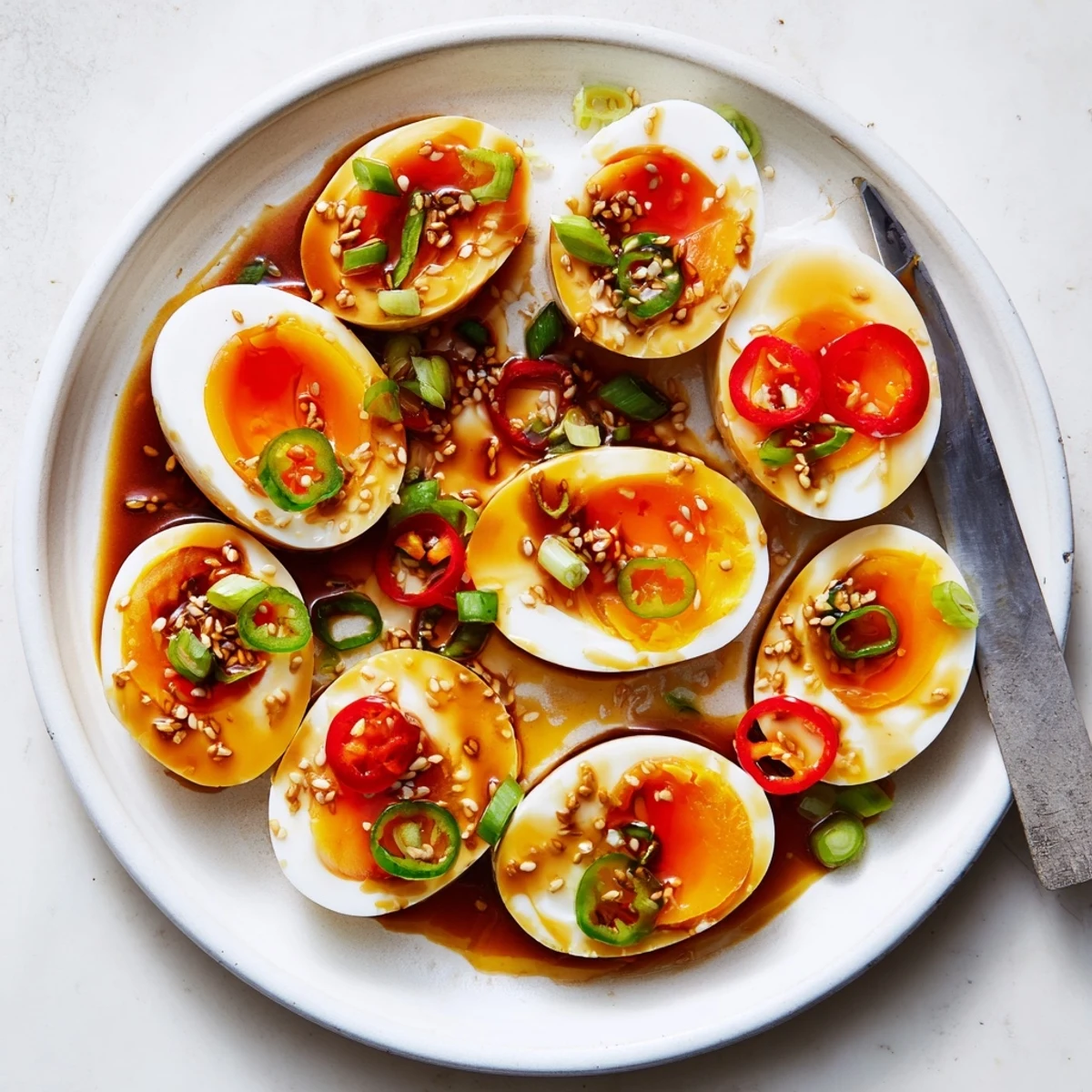 Six Korean Marinated Eggs displayed on a rustic wooden board with green onions and sesame seeds, perfect for serving over steamed rice.