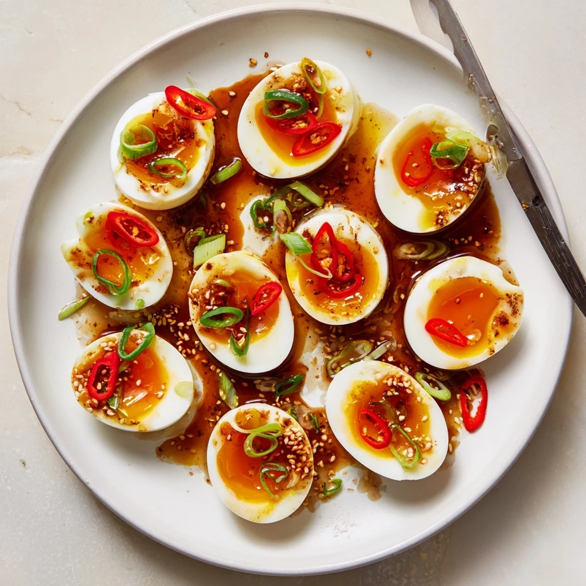 Korean Marinated Eggs in a glossy, sweet-savory soy glaze with optional chili slices, ideal as a snack or side dish in the U.S.